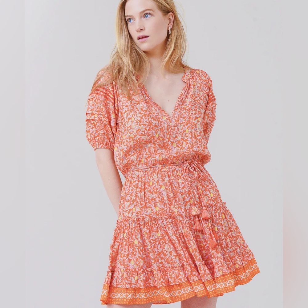Poupette St. Barth‎ Bona Lemon Print Mini Dress Orange Size Medium